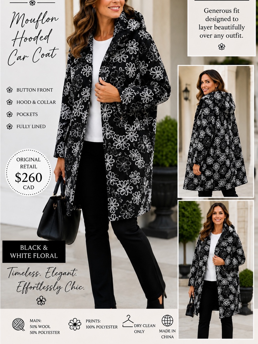 Brian Bailey Black & White Floral Hooded Car Coat